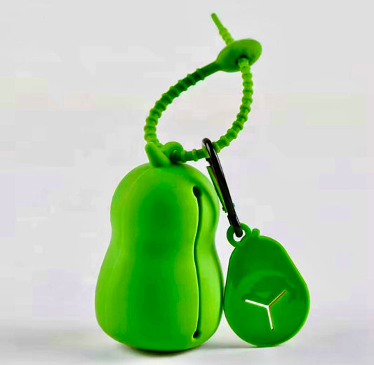 Green plastic keychain with a small tag on a white background
